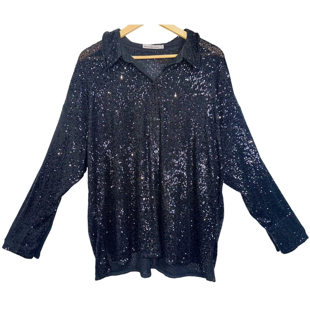 Abercrombie & Fitch Black Sequin Button Front Long Sleeve Shirt Blouse Size XL